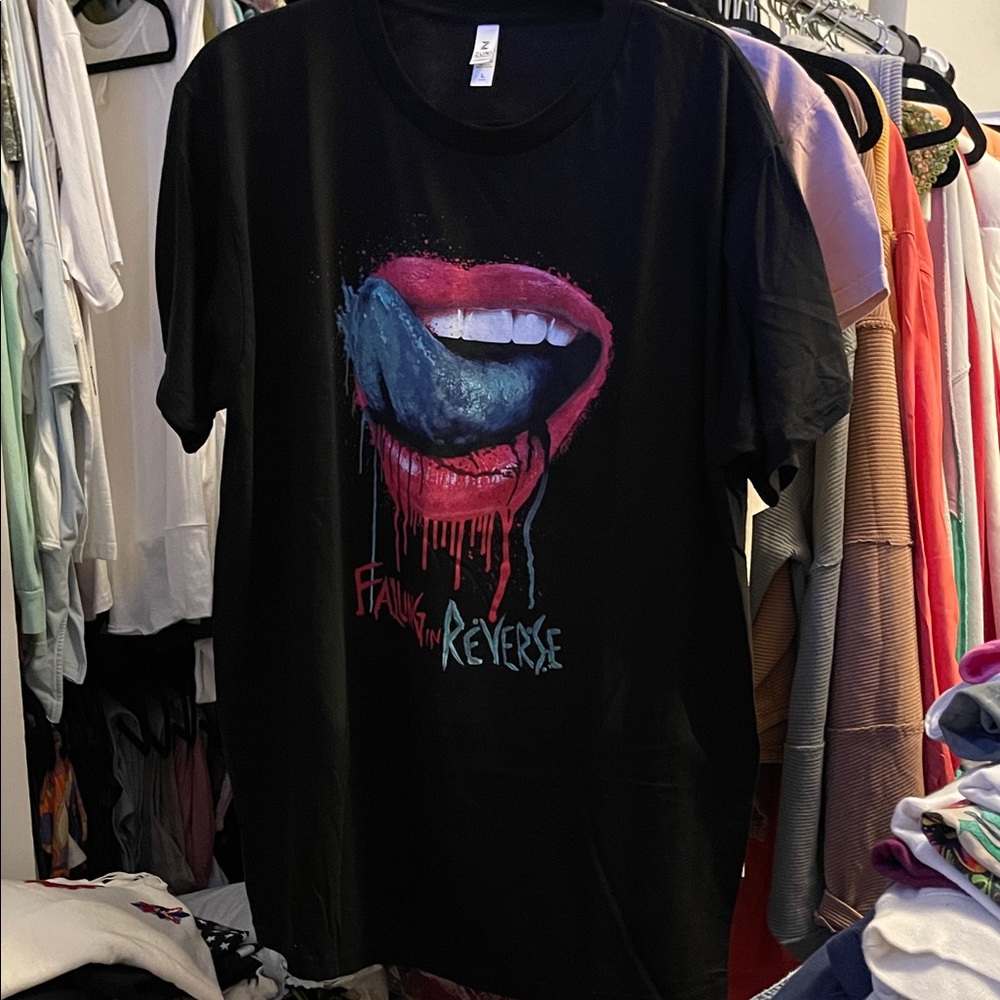 “Falling in Reverse”  Black Graphic Tee with Colorful Lip Design
